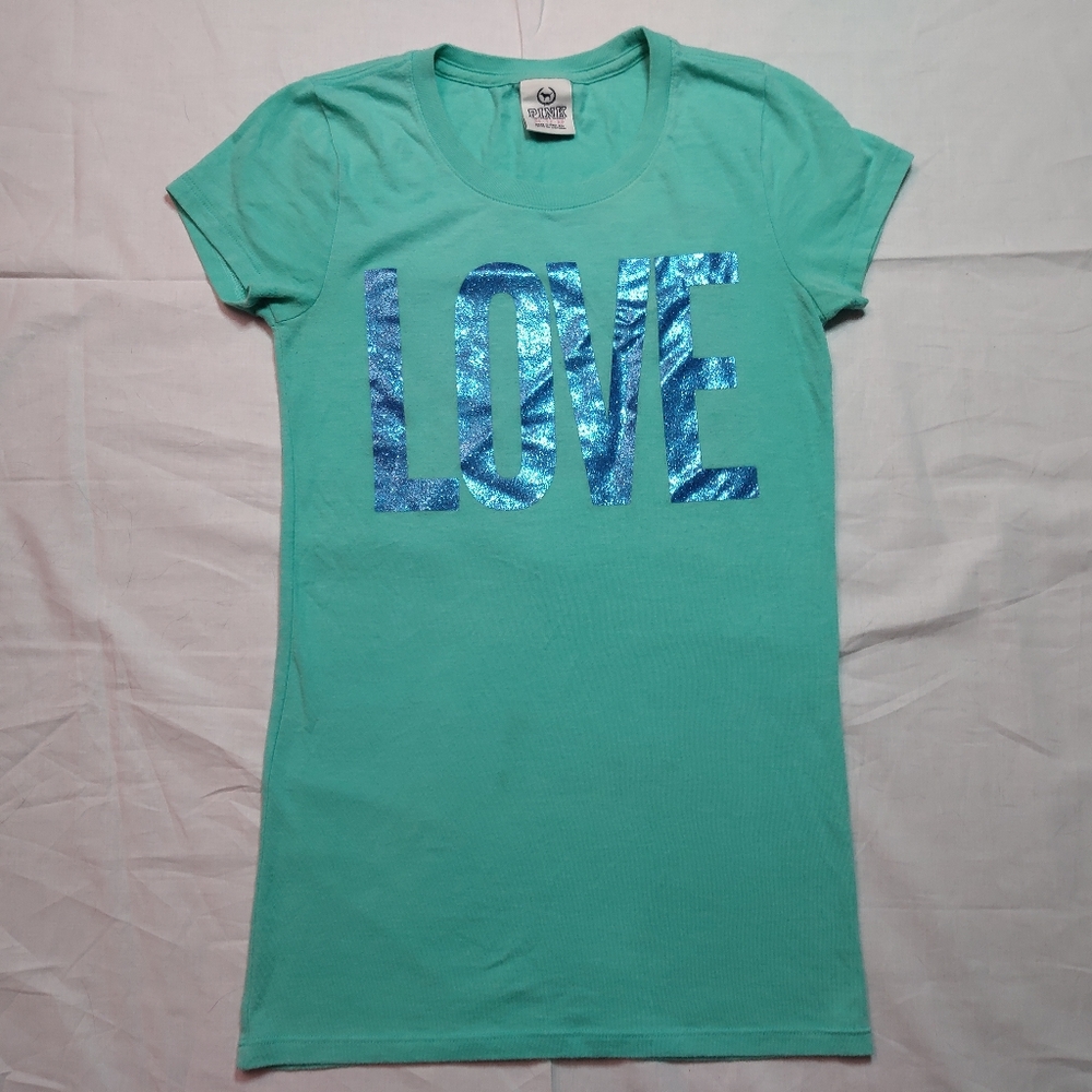 Victoria's Secret PINK Shirt Women's XS Blue LOVE Short Sleeve Round Neck Tee